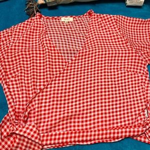 Red checked wrap blouse